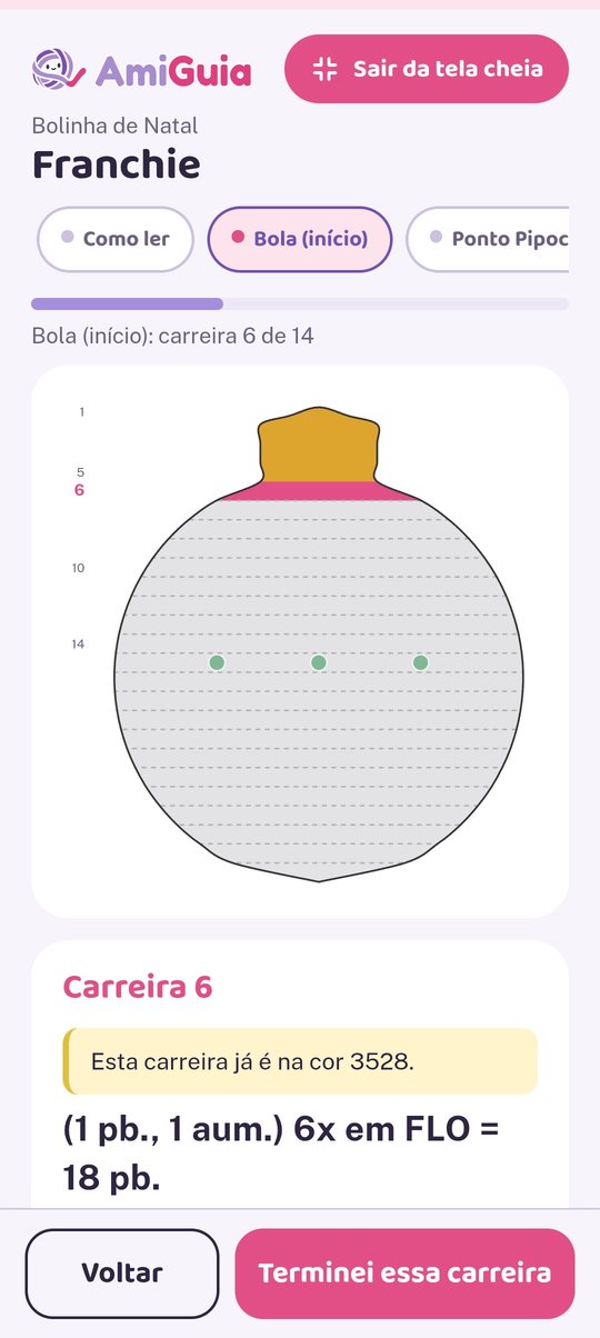 Tela da receita no celular mostrando o diagrama, a carreira 6 e o aviso de troca de cor