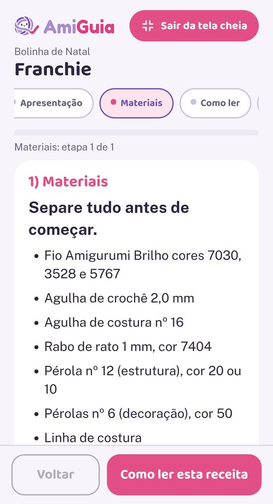 Tela da aba Materiais no celular, com a lista de fios, agulhas e pérolas