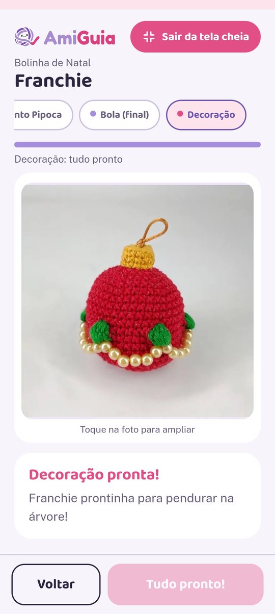 Tela final no celular com a Franchie pronta e a mensagem Decoração pronta